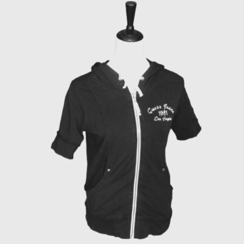 GUESS Black Short Sleeve Logo Hoodie Size Large